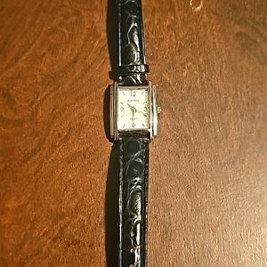 Ravinia Quartz Ladies Watch, Silvertone, Black Leather Band, Analog Numbers